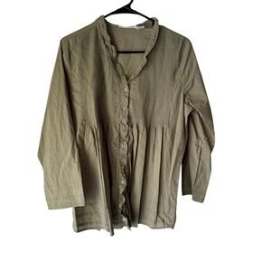 NorthStyle 100% Cotton Pintuck Peasant Top‎ Large Sage Green Ruffle Boho